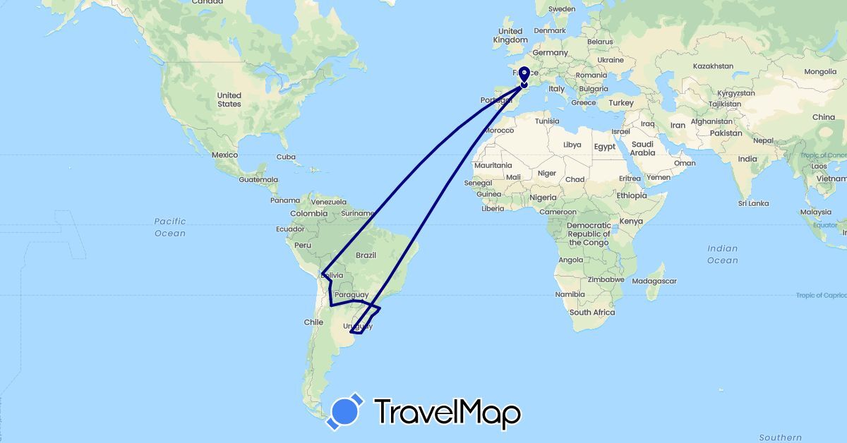 TravelMap itinerary: driving in Argentina, Bolivia, Brazil, France, Paraguay, Uruguay (Europe, South America)
